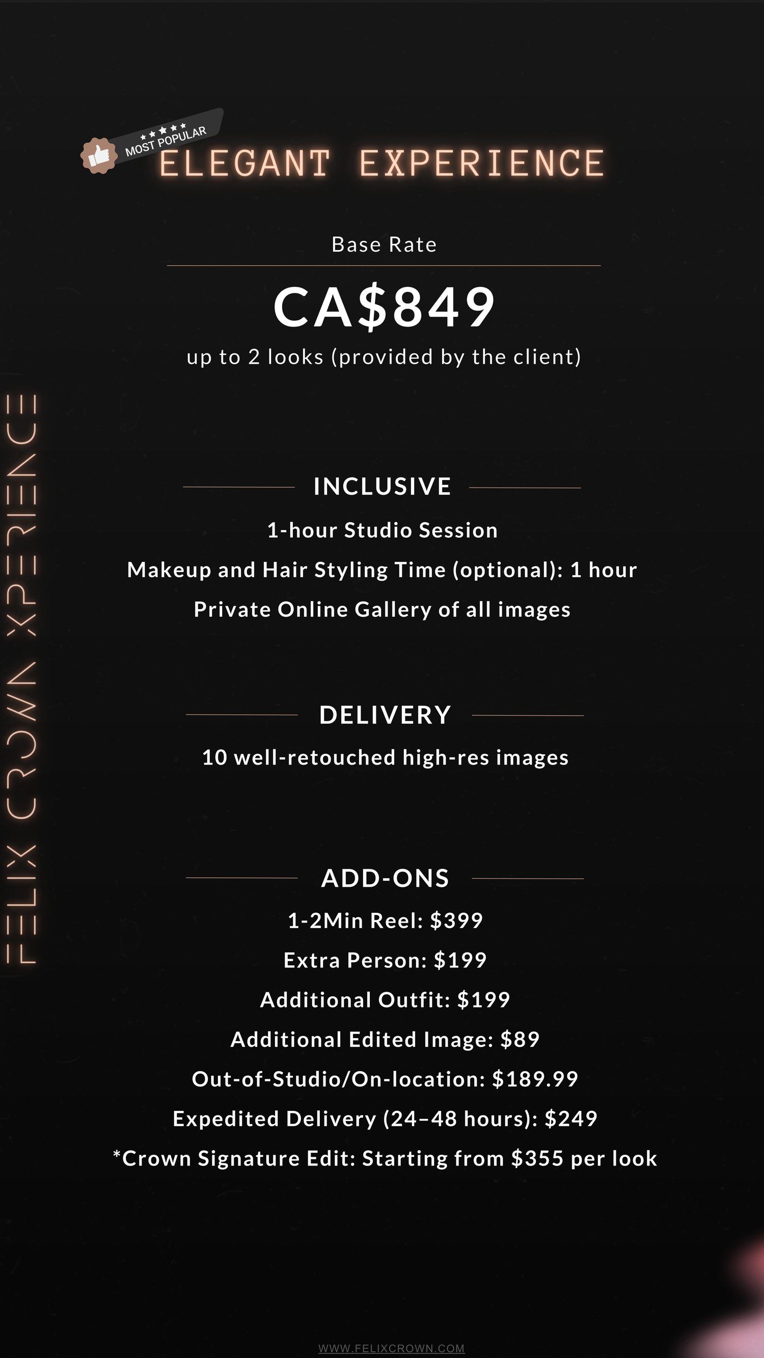 Elegant Experience photography package details and pricing list on dark background.