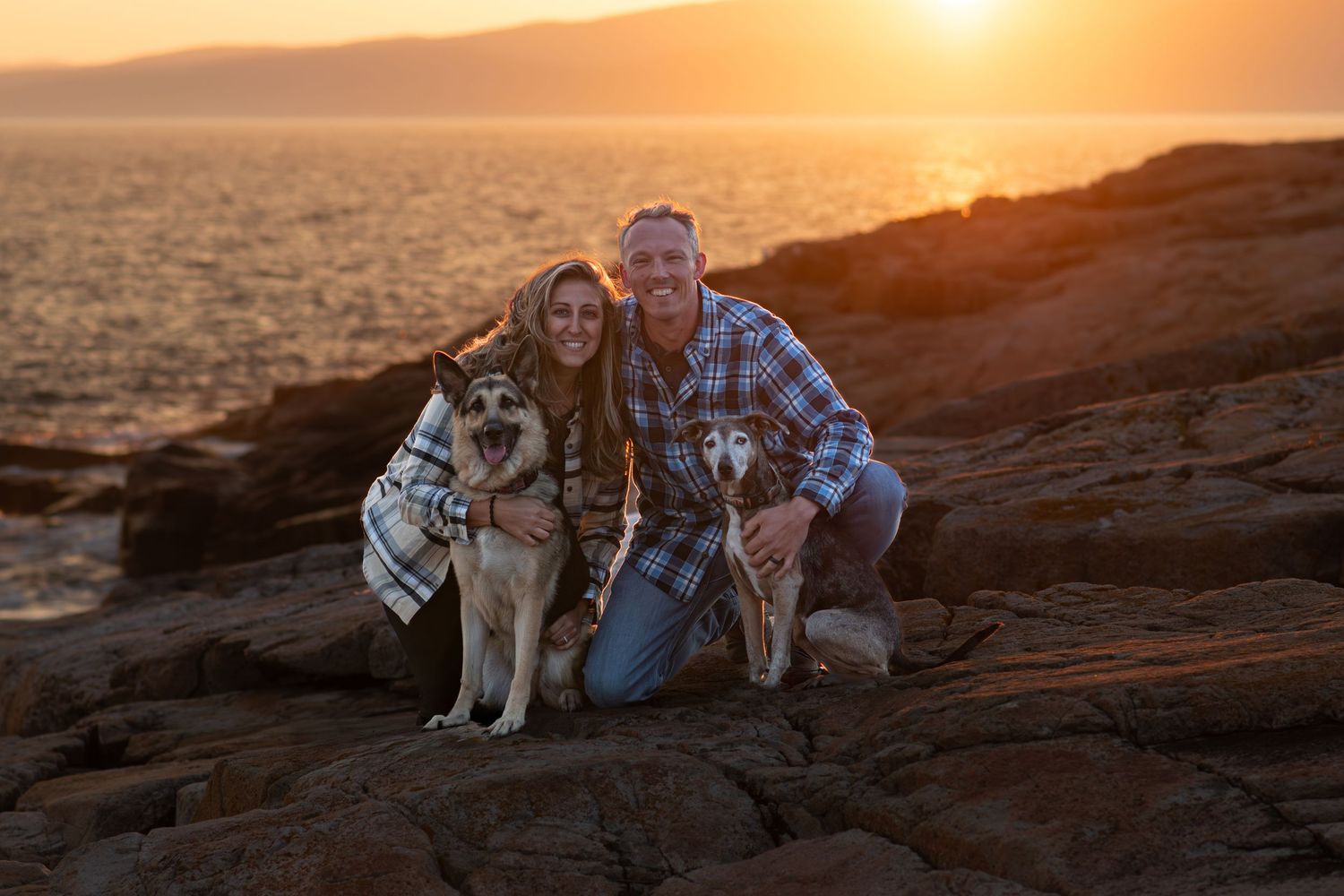 Smiling couple posing with two dogs on rocky coastline during vibrant golden sunset. Dog Photo by Xenophon Photography in Maine.