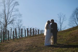 Silhouetted wedding couple walking up a hillside at sunset.
