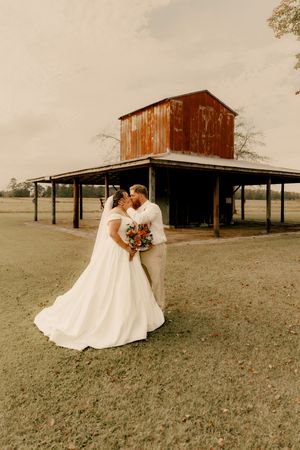 A romantic wedding couple shares intimate moments near a rustic wooden barn in a pastoral countryside setting.