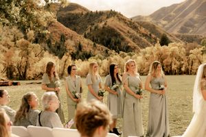 Wedding party stands in a mountain meadow surrounded by dramatic mountain peaks.