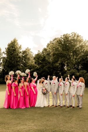 Wedding party celebrates outdoors, bridesmaids in pink gowns and groomsmen in gray suits raising arms joyfully on green lawn.