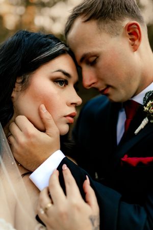 A romantic wedding photo sequence showing intimate close-up moments between a couple in formal attire.