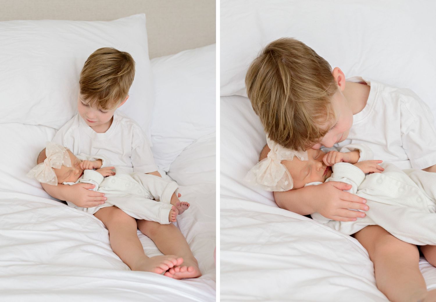 Two sweet photos of siblings sharing a tender moment together on white bedding.