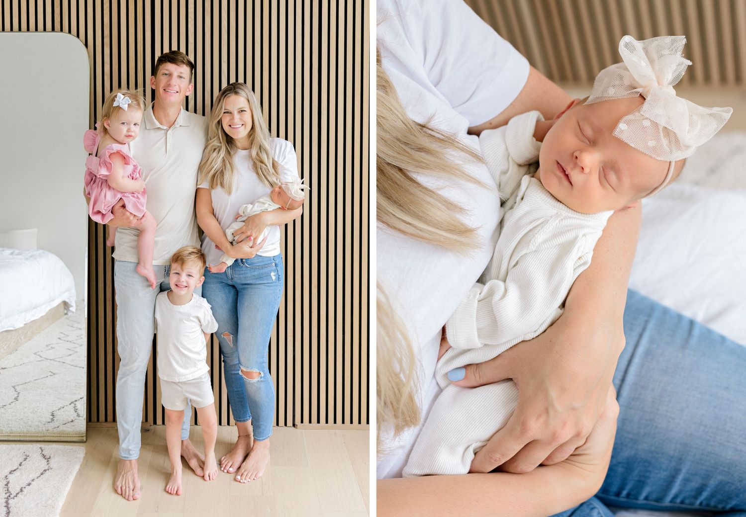 Two soft and bright images showing a casual family scene at home alongside a tender moment with a newborn baby.