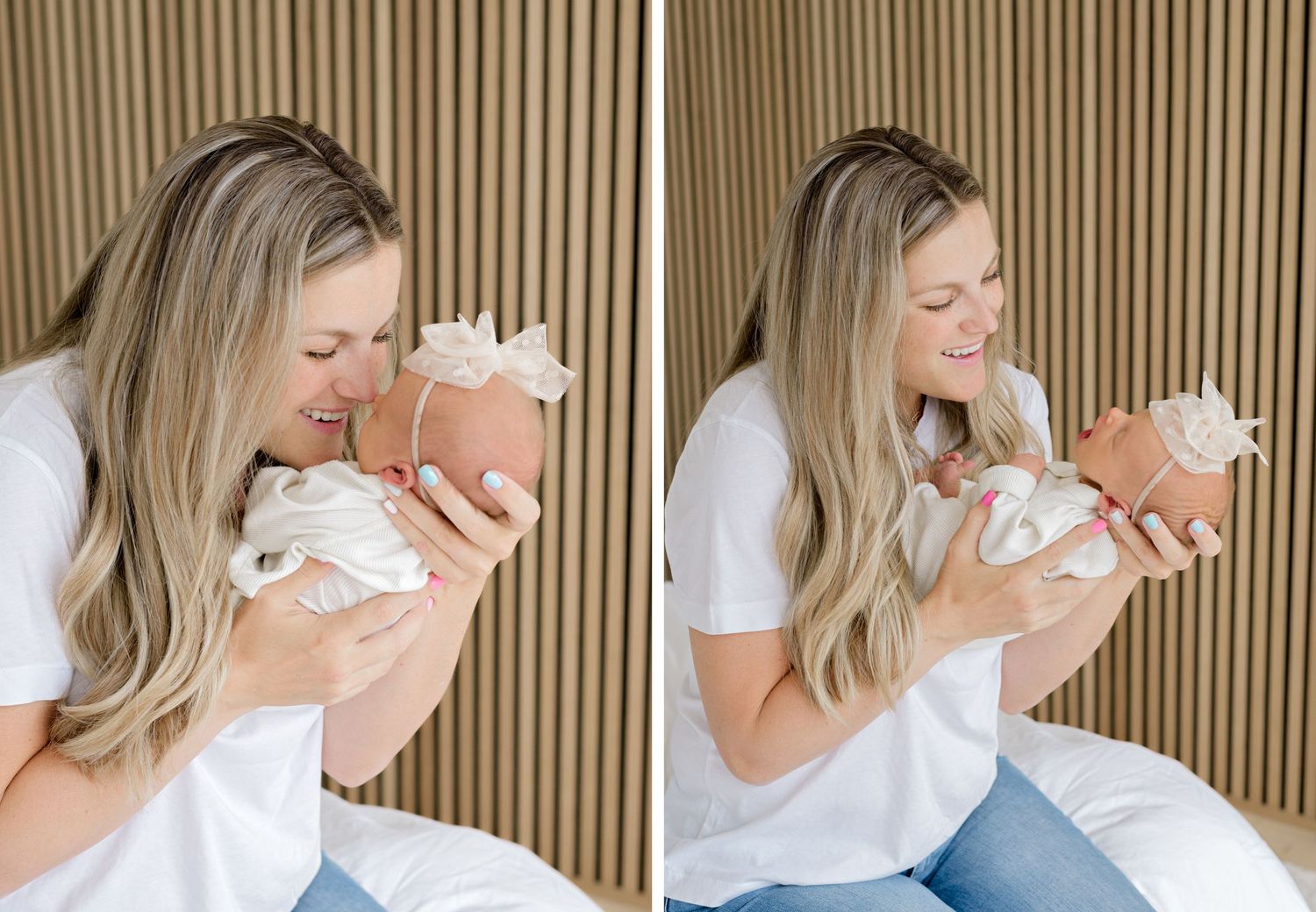 A nurturing moment captured in two tender photos showing parent and baby bonding against a wood-paneled wall.