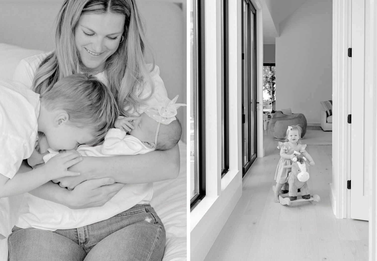 Side by side black and white photos showing tender family moments at home with an adult and small children.