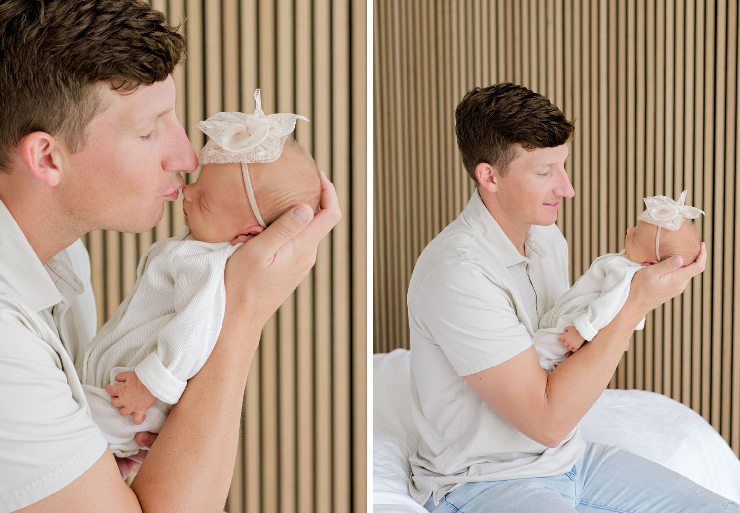 A side by side view of someone in a light shirt holding and looking at a baby against a wood slat wall.