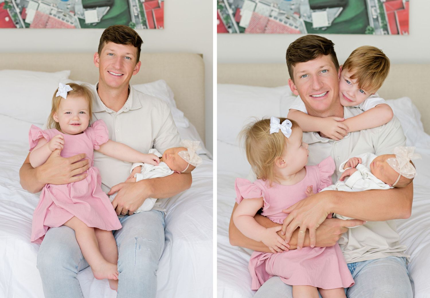 Two family moments showing a person sitting on a couch with two young children wearing a pink dress and holding an infant.