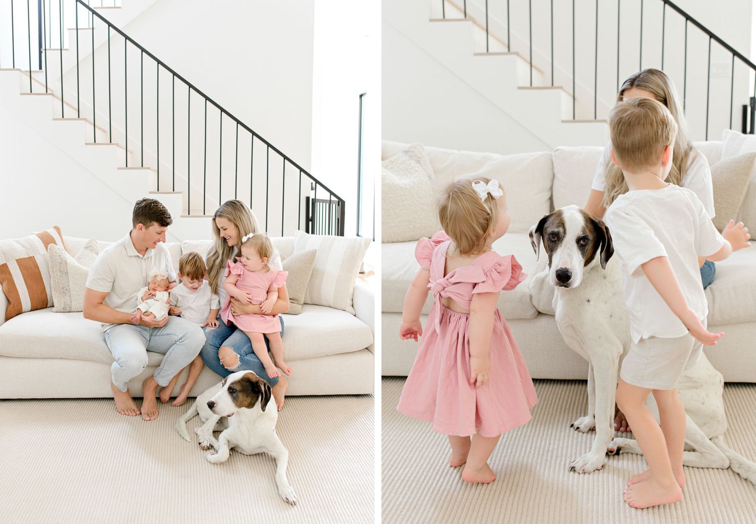 Young children in a bright living room play with a spotted dog on a white sofa and floor.