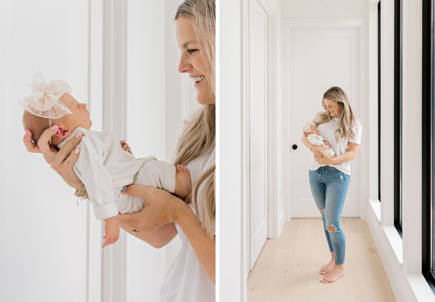 Side by side photos of woman in casual outfit interacting with newborn baby in bright hallway.