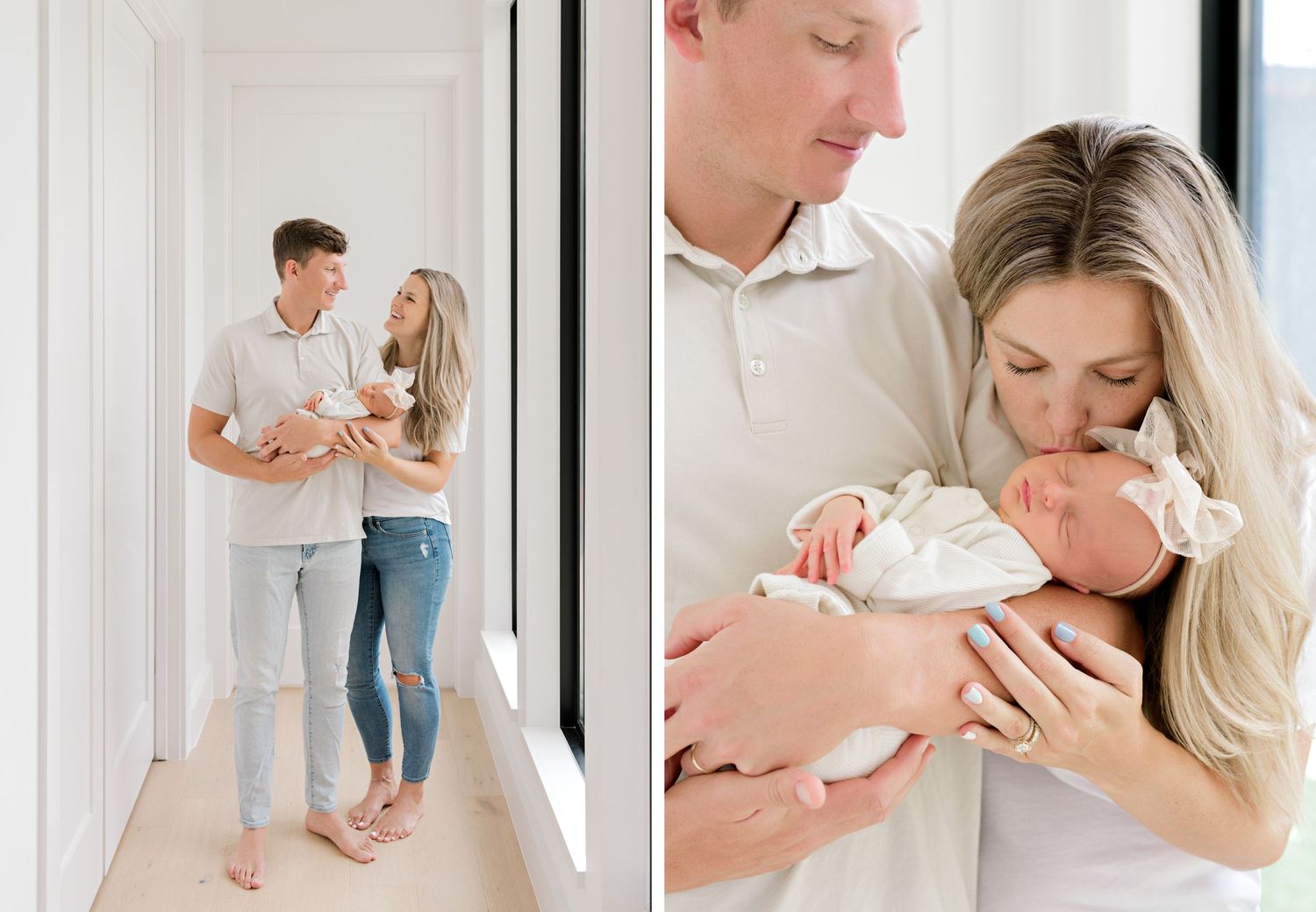 Photos showing a couple holding an infant in casual white outfits, one image in a hallway and one in closeup view.