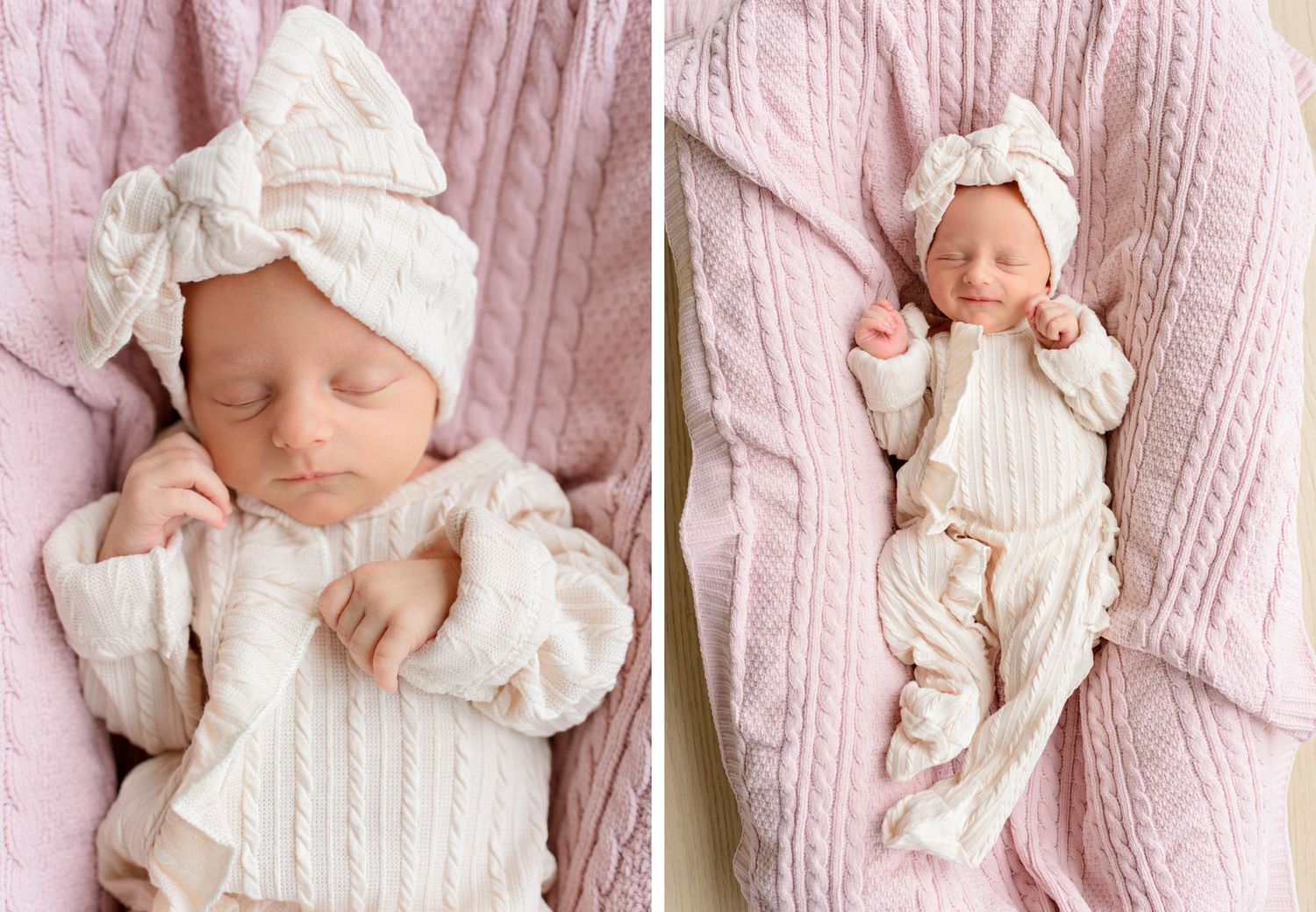 A sleeping newborn in cream colored knitwear and bow headband lying on soft pink knit blanket.