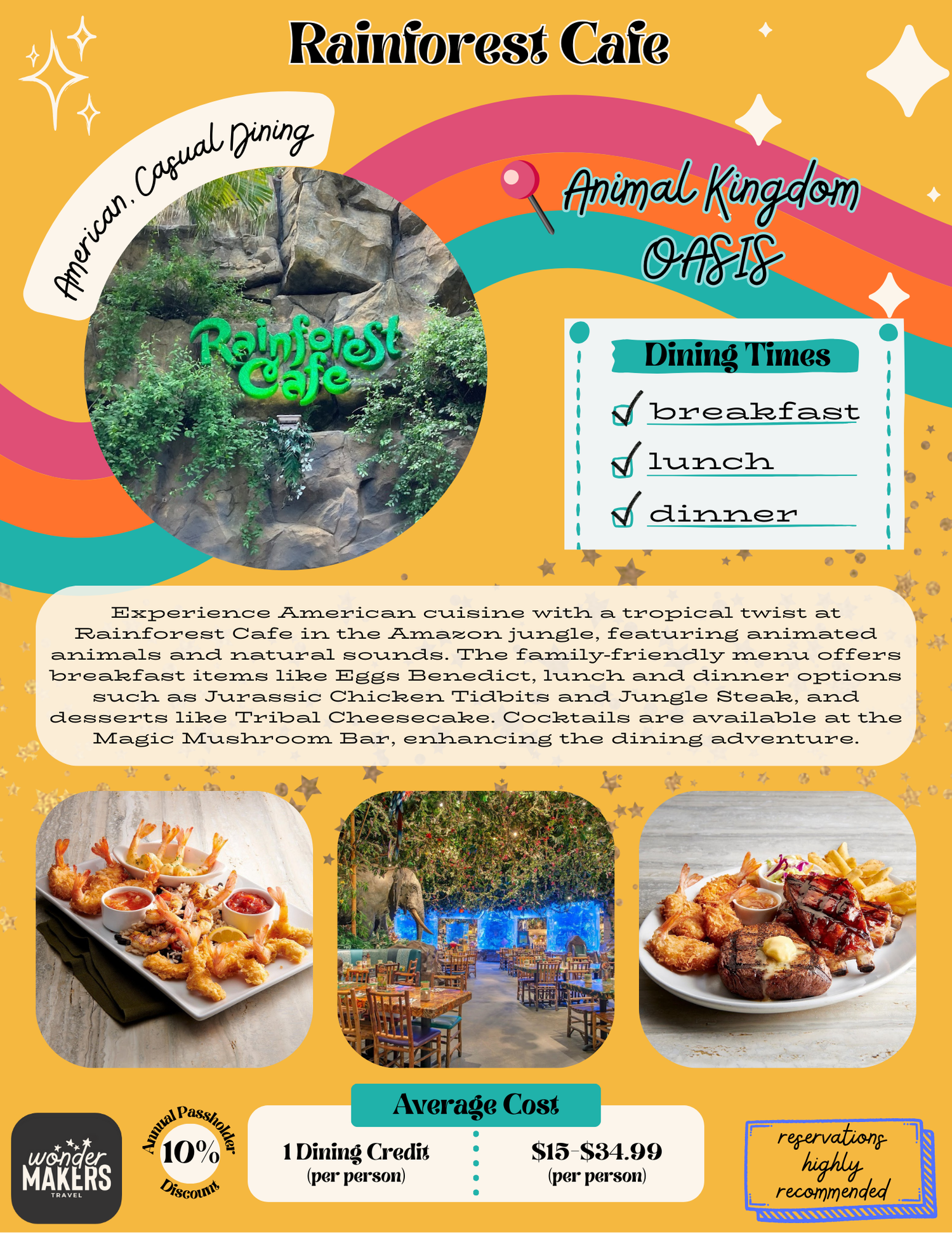 Marketing flyer for Rainforest Cafe at Animal Kingdom showing dining times, costs and food photos.