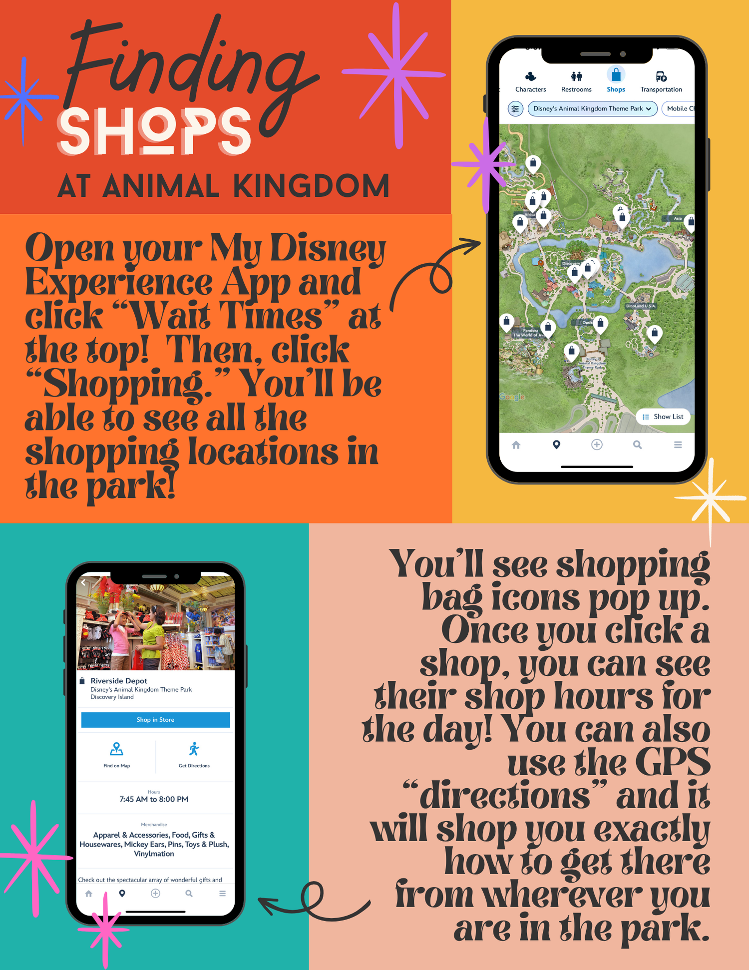 Tutorial images showing how to find shopping locations in Disney's Animal Kingdom mobile app.