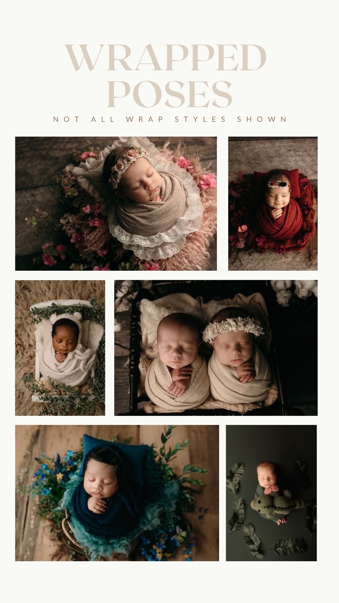 A collection of professional newborn photography poses featuring infants wrapped in soft fabrics with floral accents.
