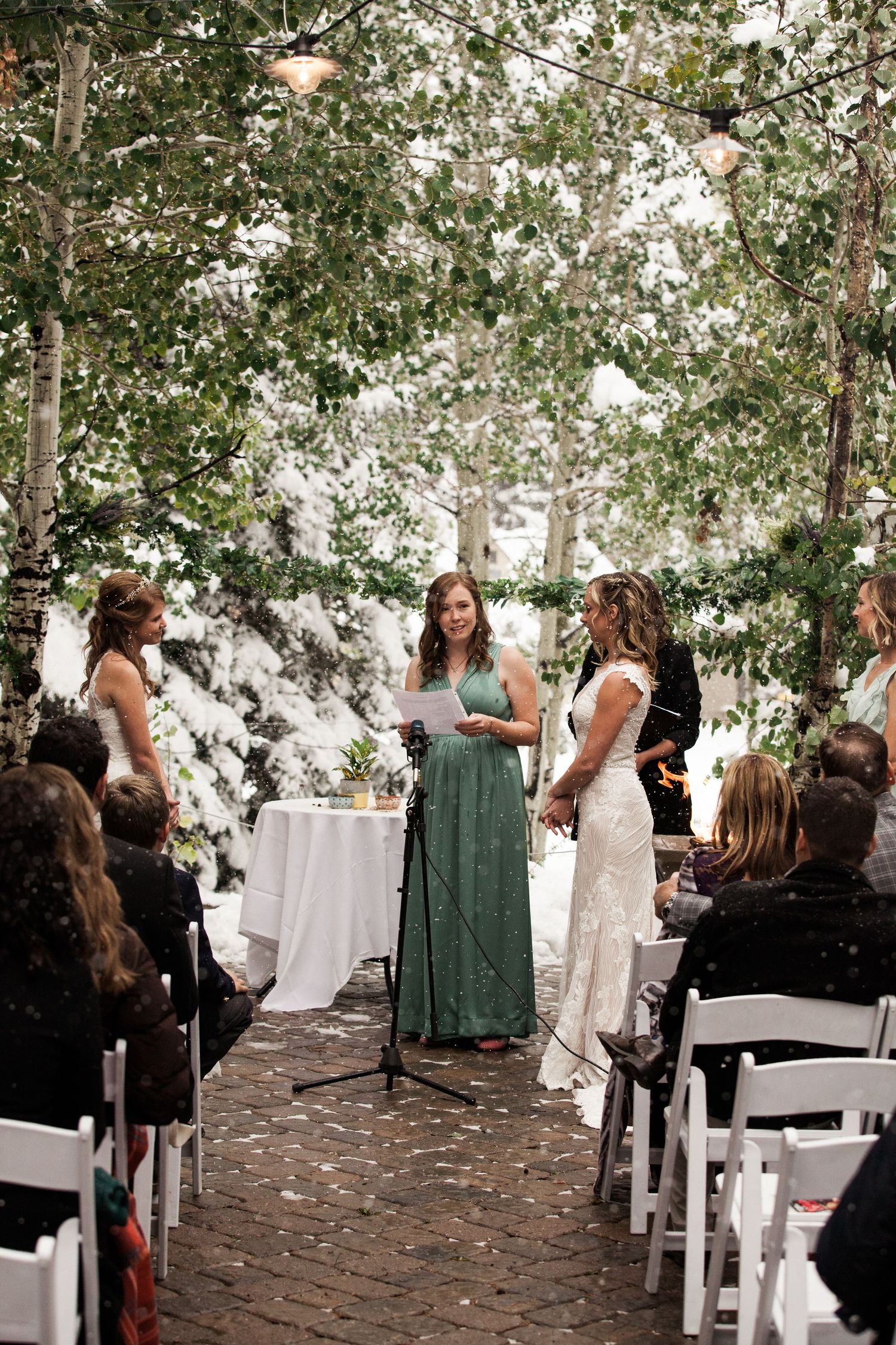 Wedding ceremony takes place outdoors under leafy trees with guests seated in white chairs and an officiant in sage green dress.