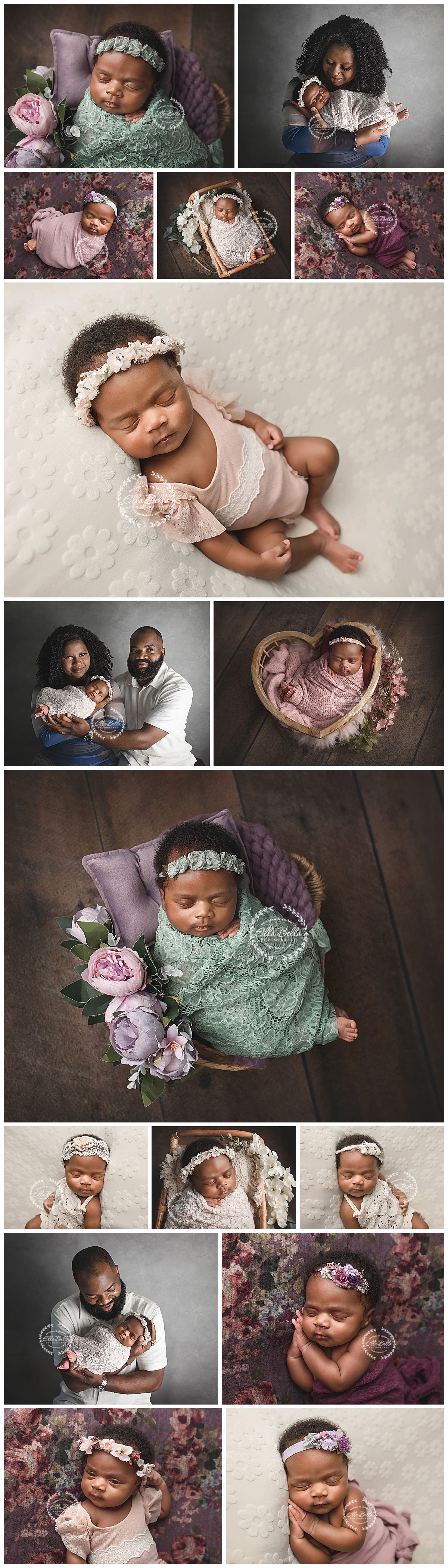 Heartwarming newborn photo session featuring delicate lace outfits, floral headbands, and soft pink and purple tones.