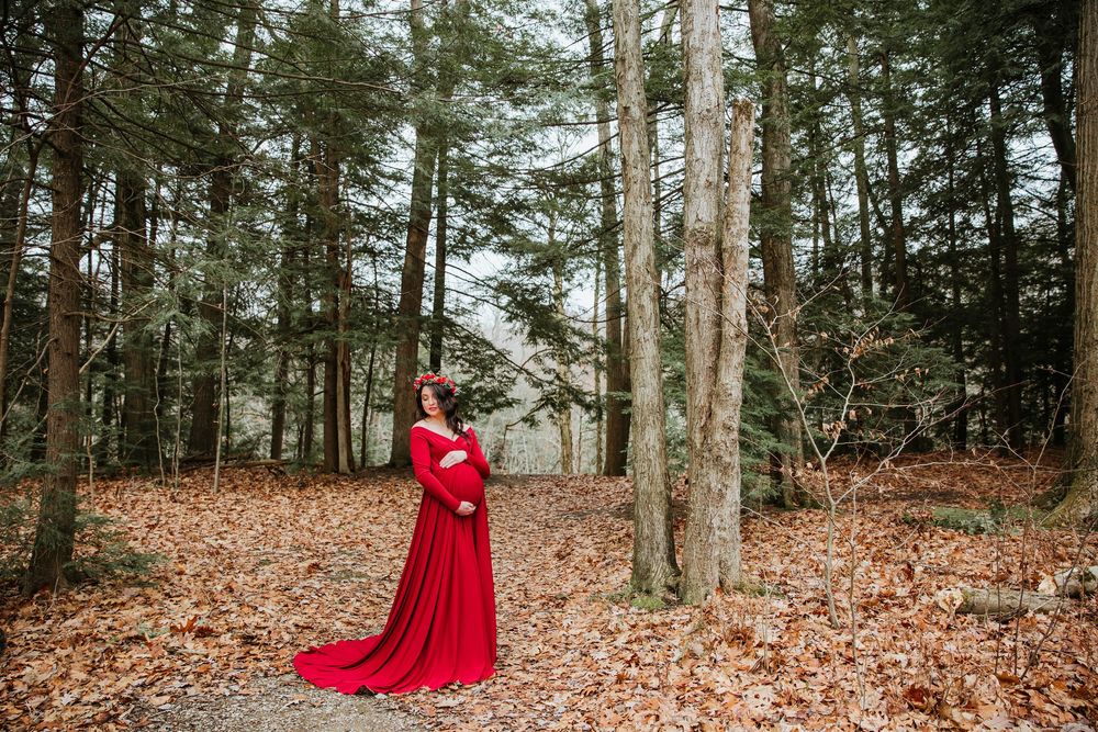 Full-length silhouette of red maternity gown against misty forest background.