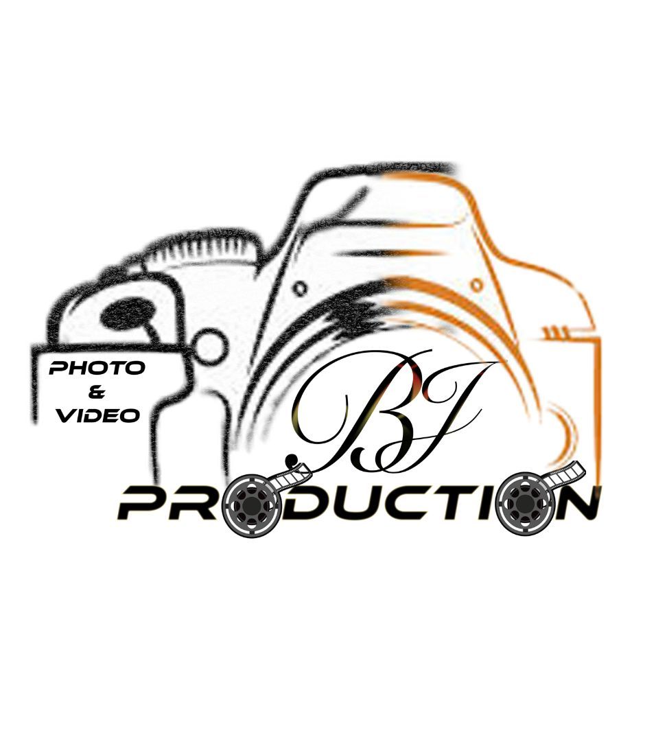 Simple logo design of a camera in black and orange outlines with BJ Production text for a photo and video company.