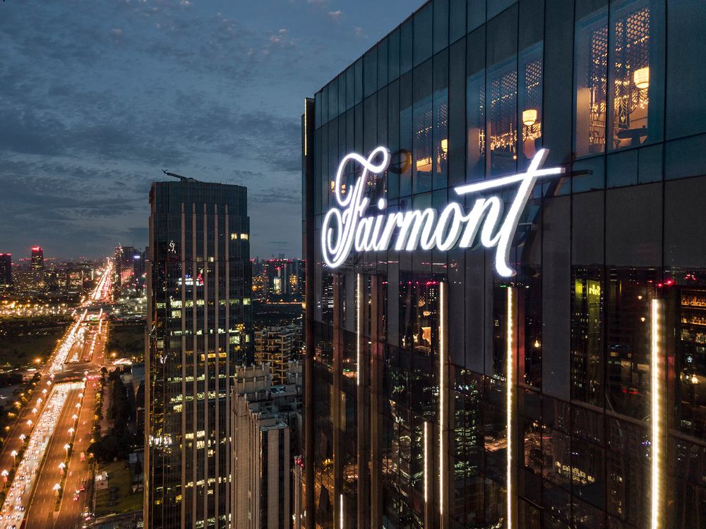 Professional twilight aerial photography of a luxury Fairmont hotel