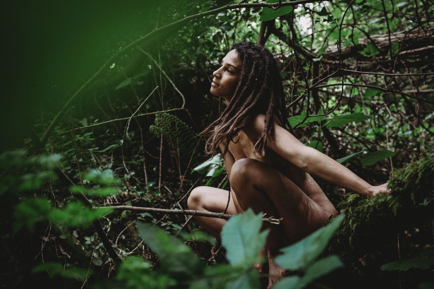 Mulher nua em uma arvore  em sessão fotográfica feminina na natureza foto colorida em Alcobaça Portugal