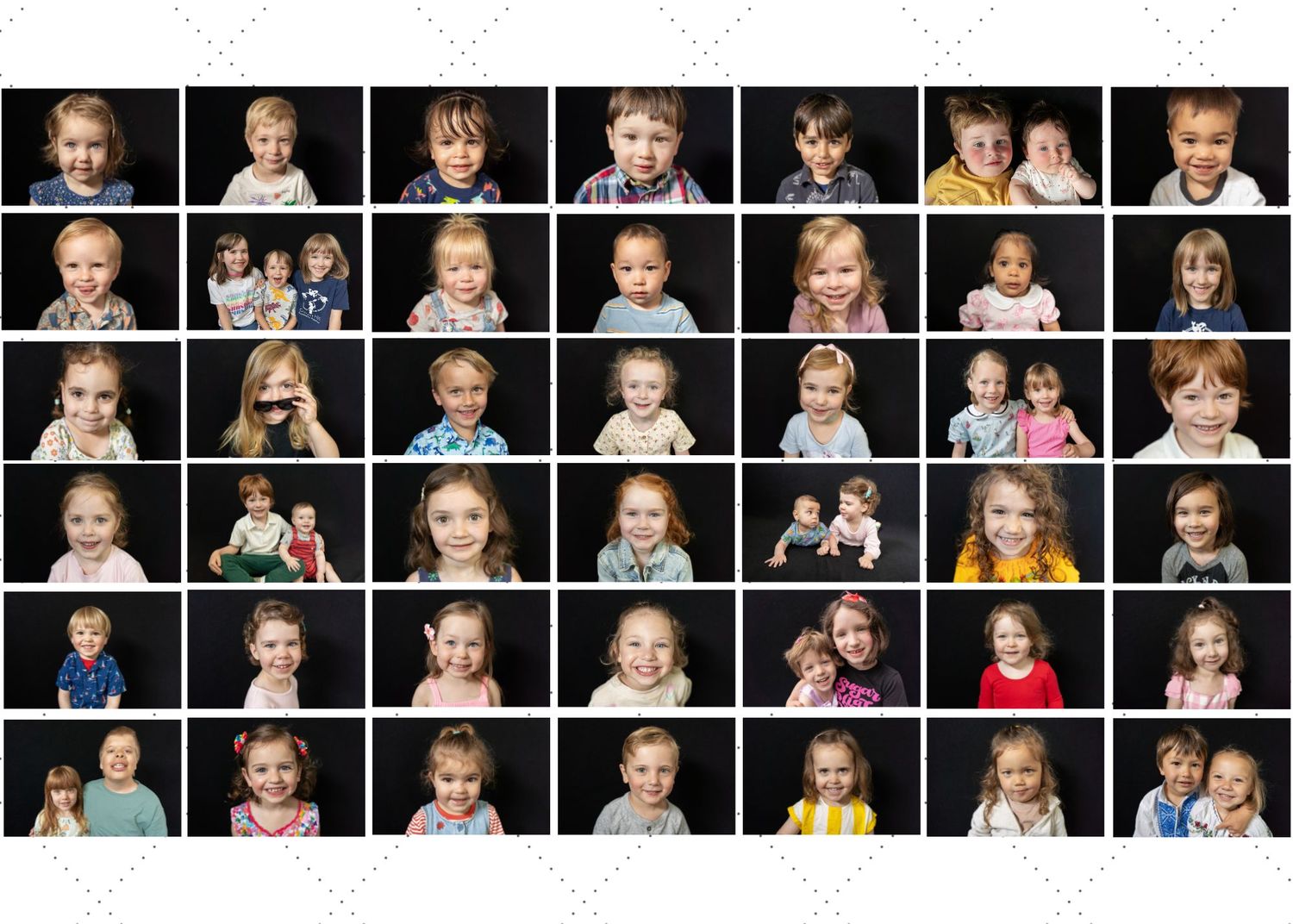 A photo collage grid showing multiple candid portraits of children in casual settings with various expressions and poses.