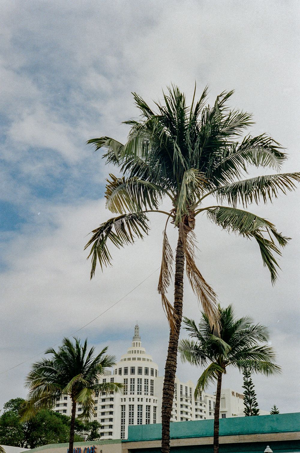 Palm trees sway against a cloudy sky in front of an Art Deco building with a distinctive tiered tower in Miami Beach.