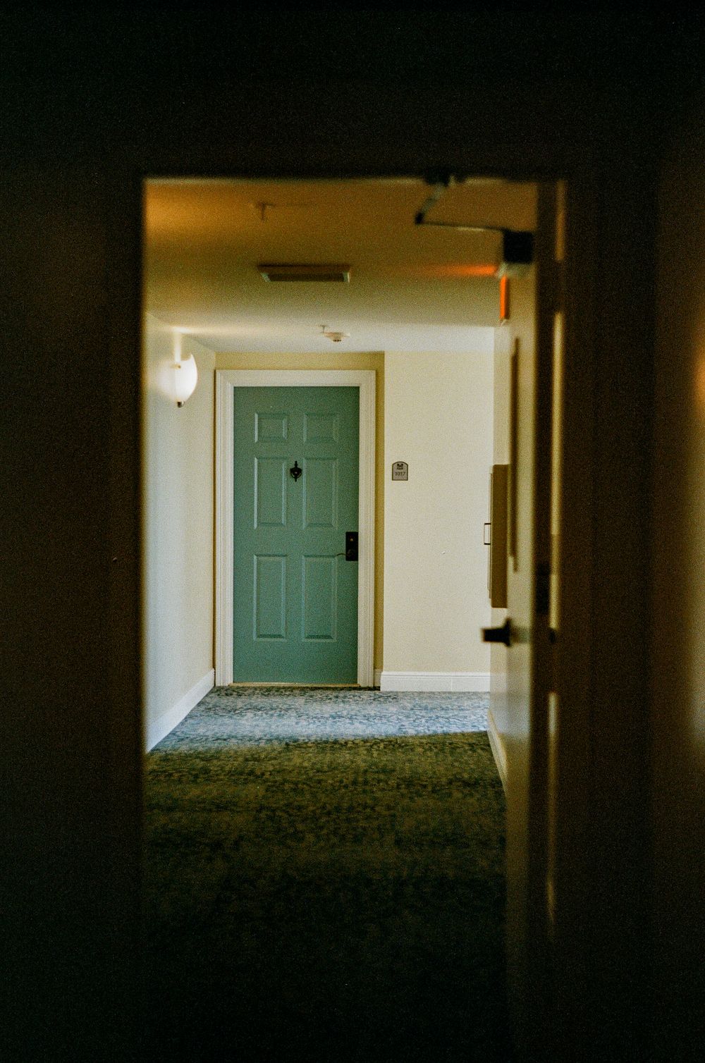 Dark hallway with green door at the end leads to a carpeted area illuminated by ambient lighting.