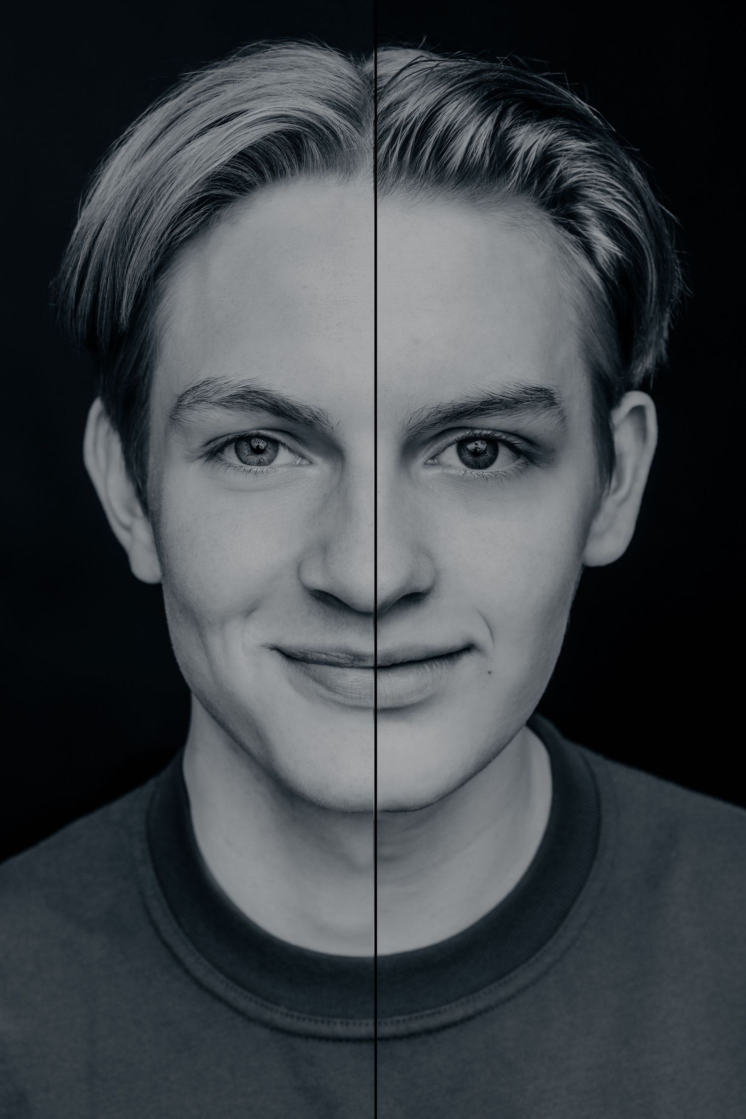 Black and white portrait photo with face split vertically down the middle showing subtle differences between each side.