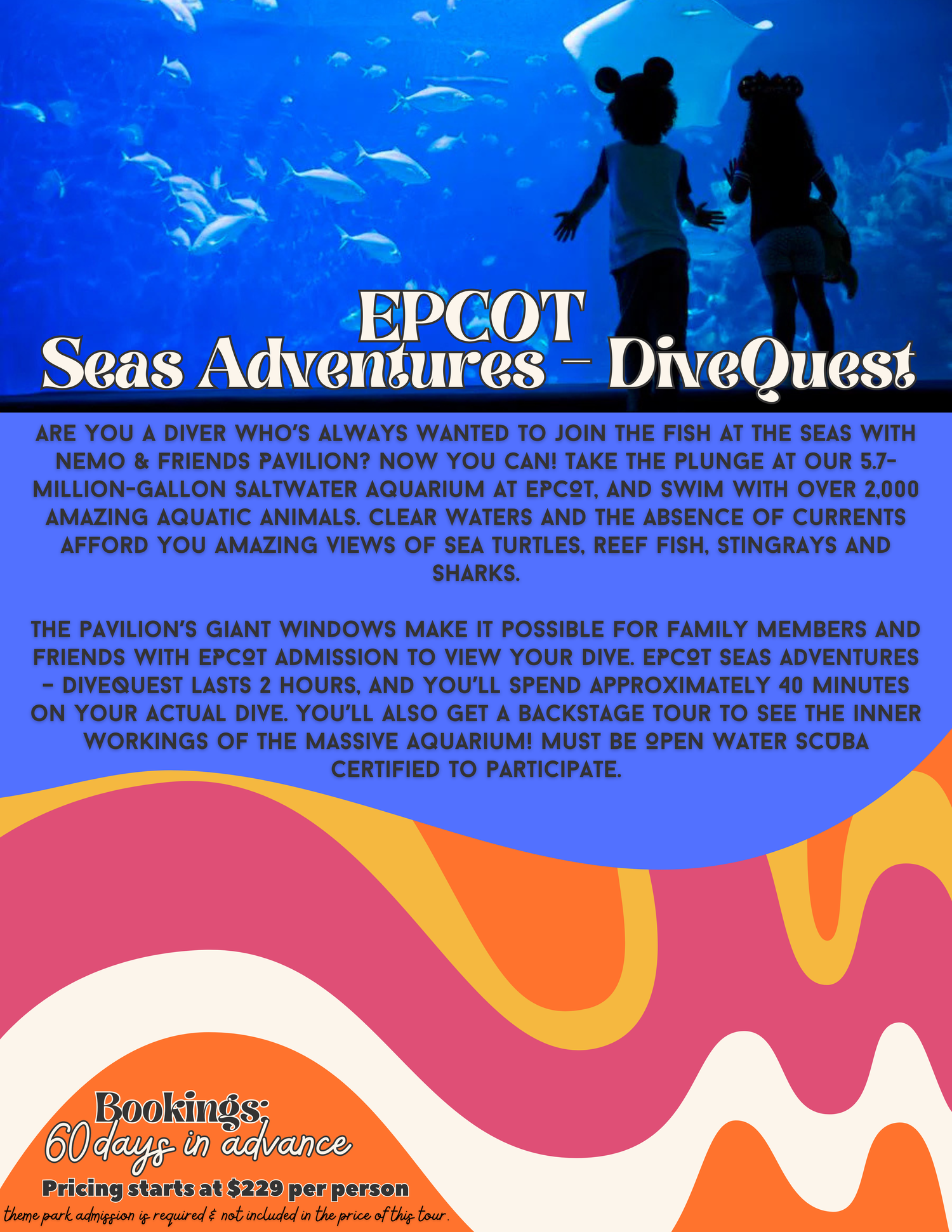 Promotional display for EPCOT Seas Adventures DiveQuest aquarium experience.