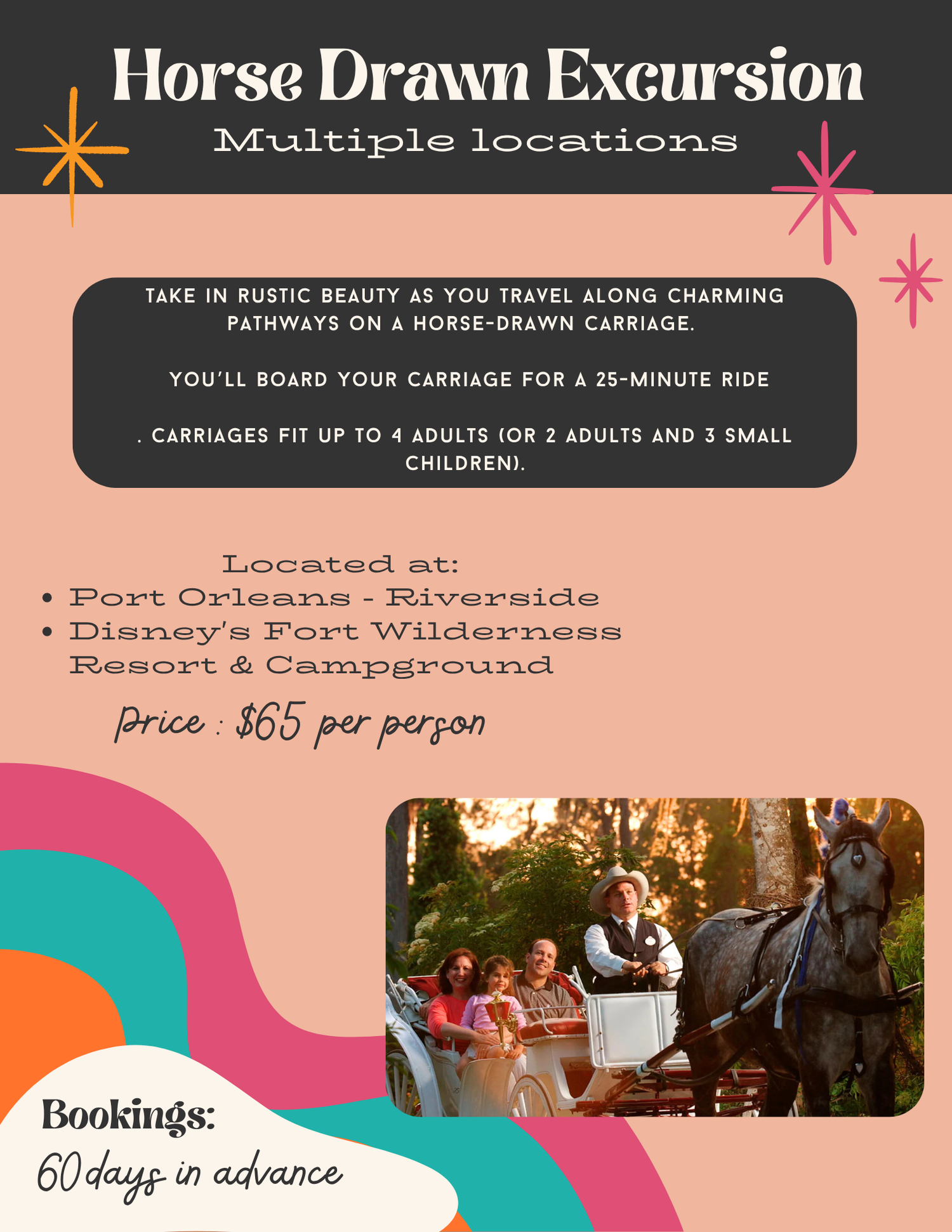 Promotional banner for horse-drawn carriage excursions showing evening rides and booking information.