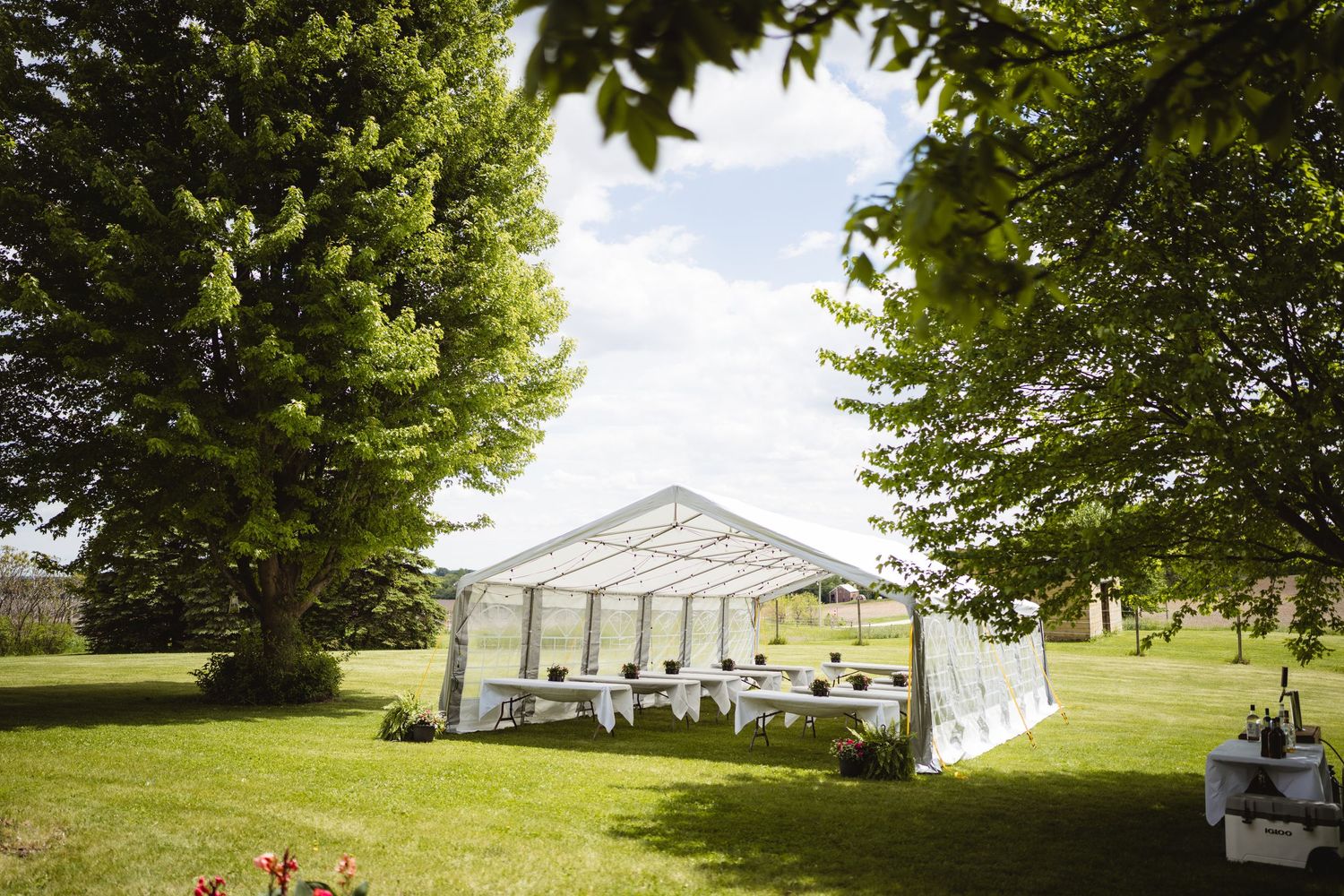White outdoor wedding tent pavilion set up on a sunny lawn with green trees framing the elegant space.