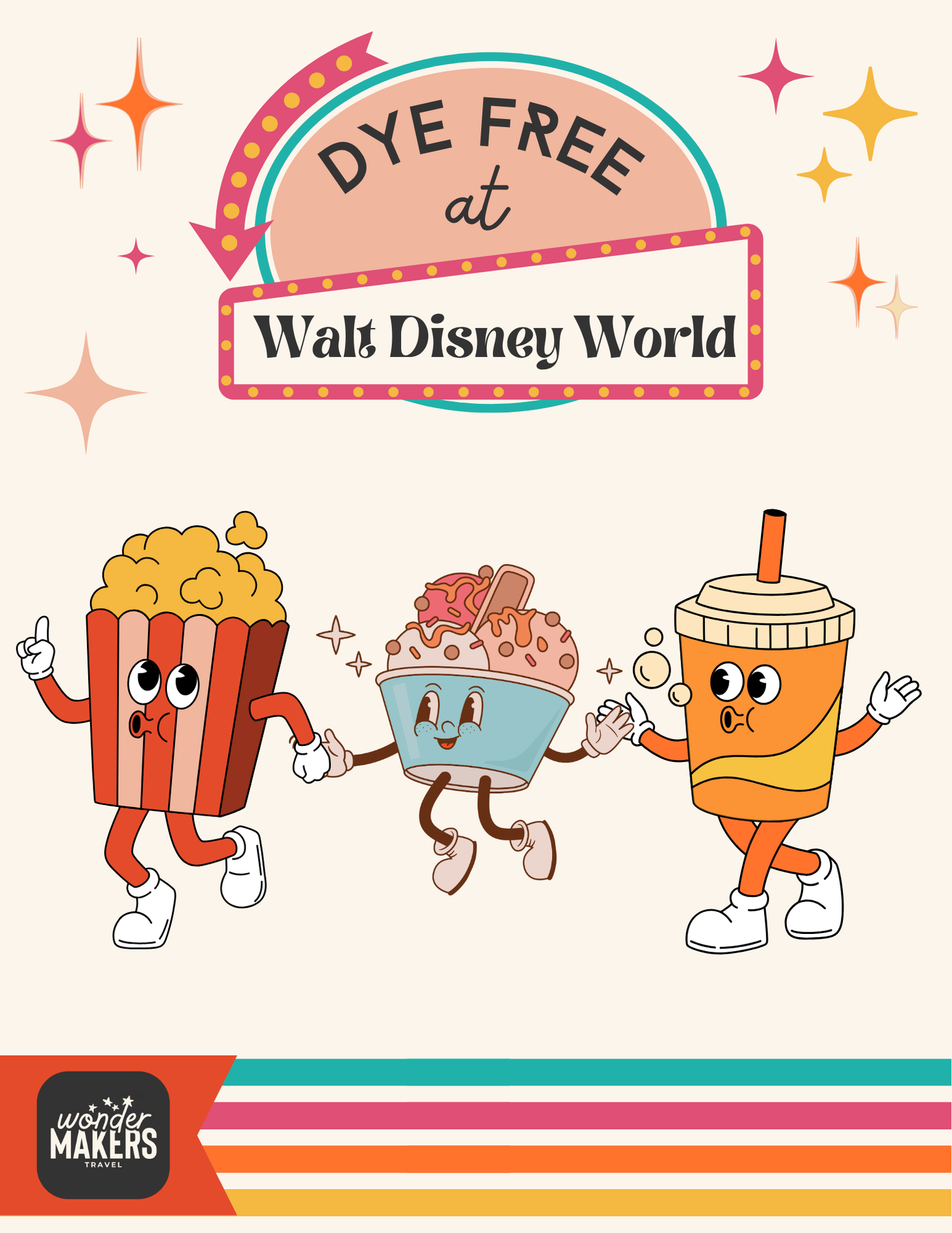 Cartoon illustration of dye-free Walt Disney World snacks featuring popcorn, ice cream and drink characters.