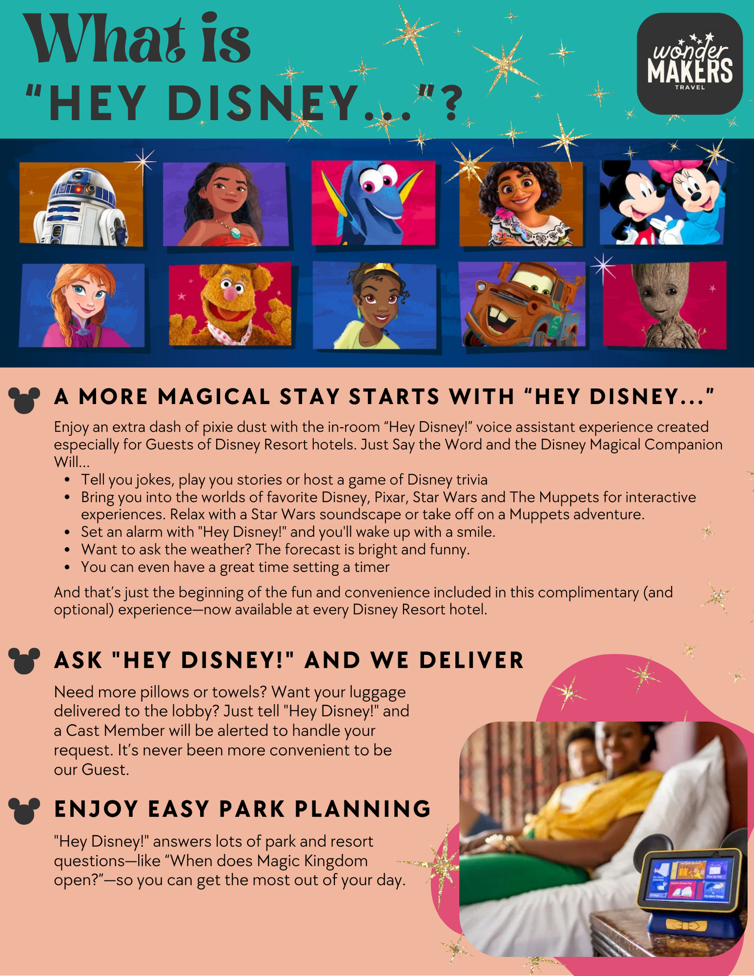 Informational guide explaining Disney's Hey Disney virtual assistant features and benefits.