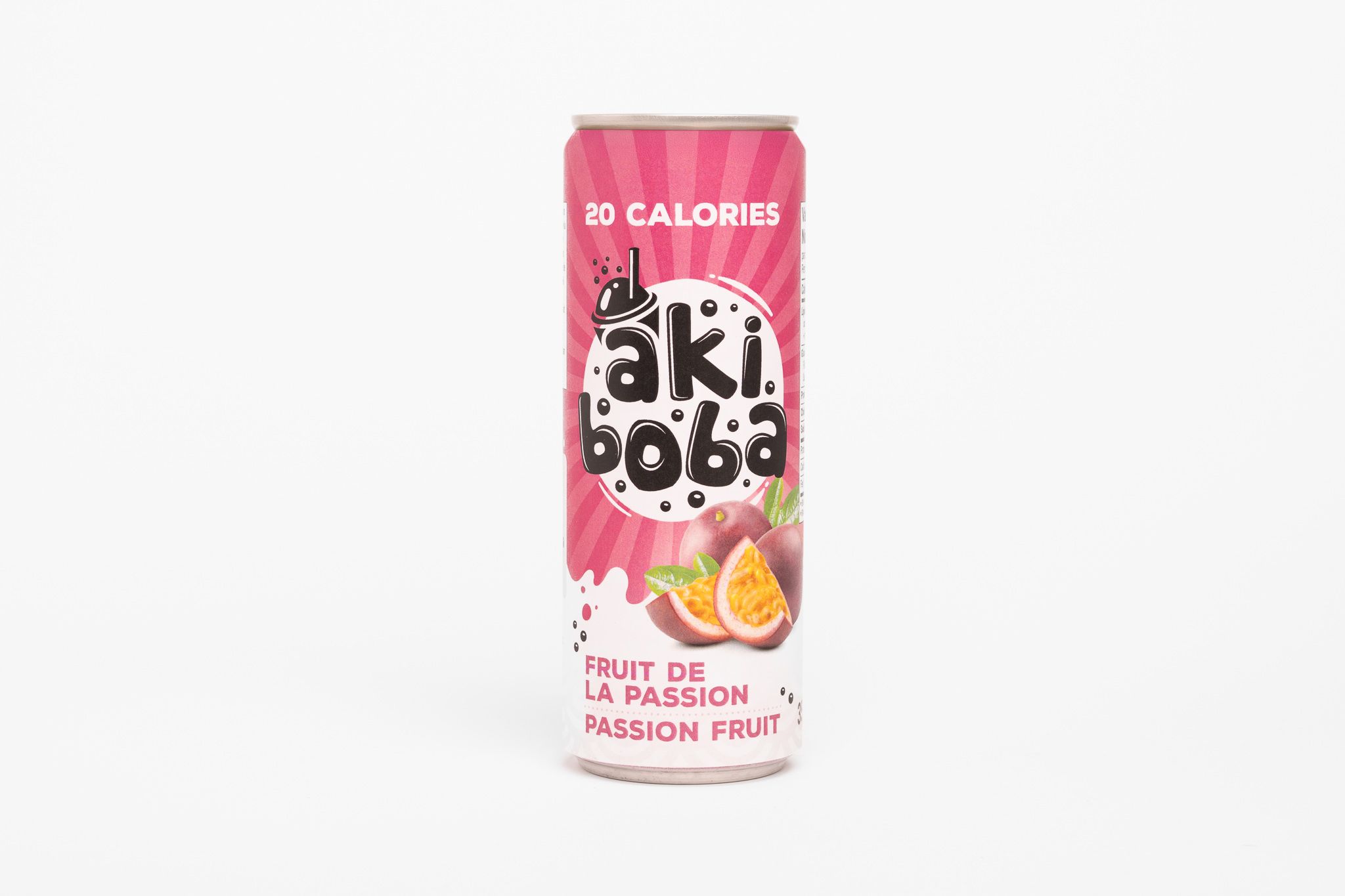 Three pink cans of Oki Poki fruit-flavored sparkling drinks on white background.