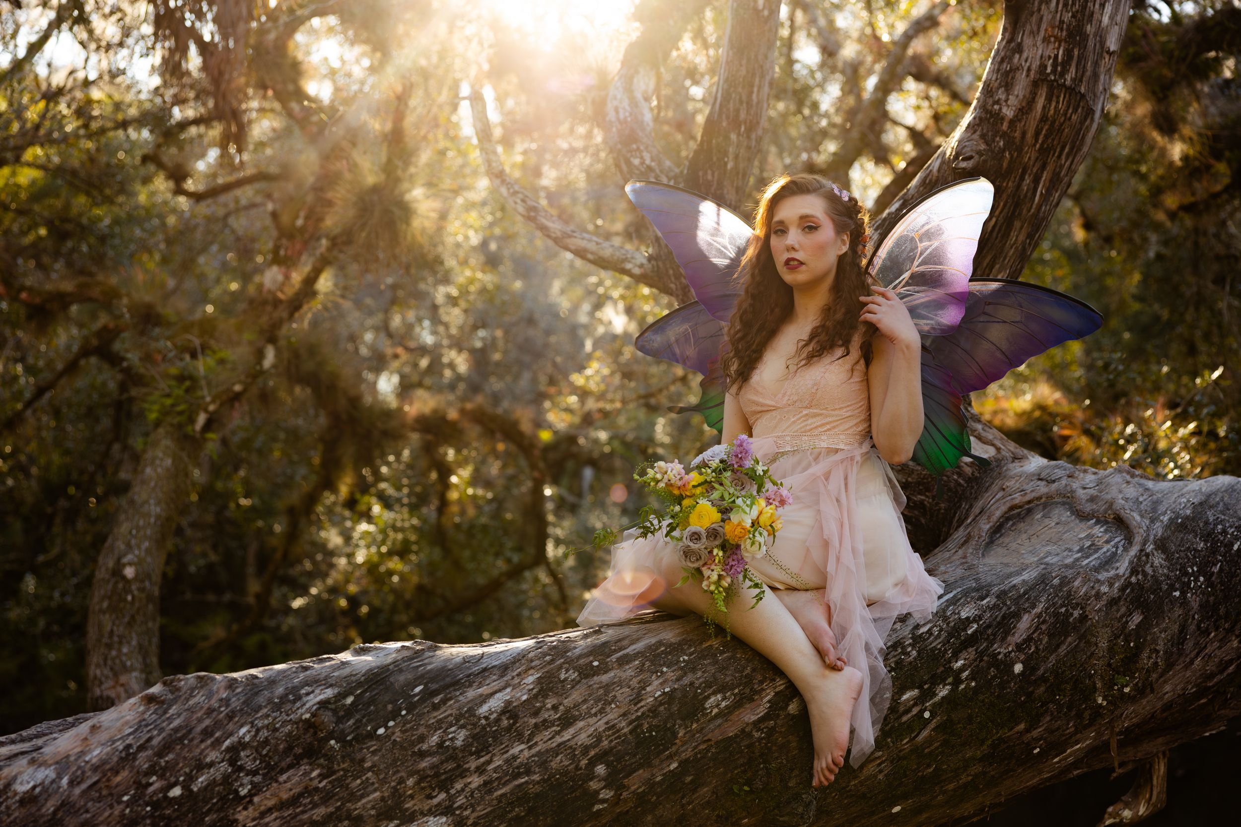 Ethereal fairy photoshoot with magical sunset lighting in a forest setting.