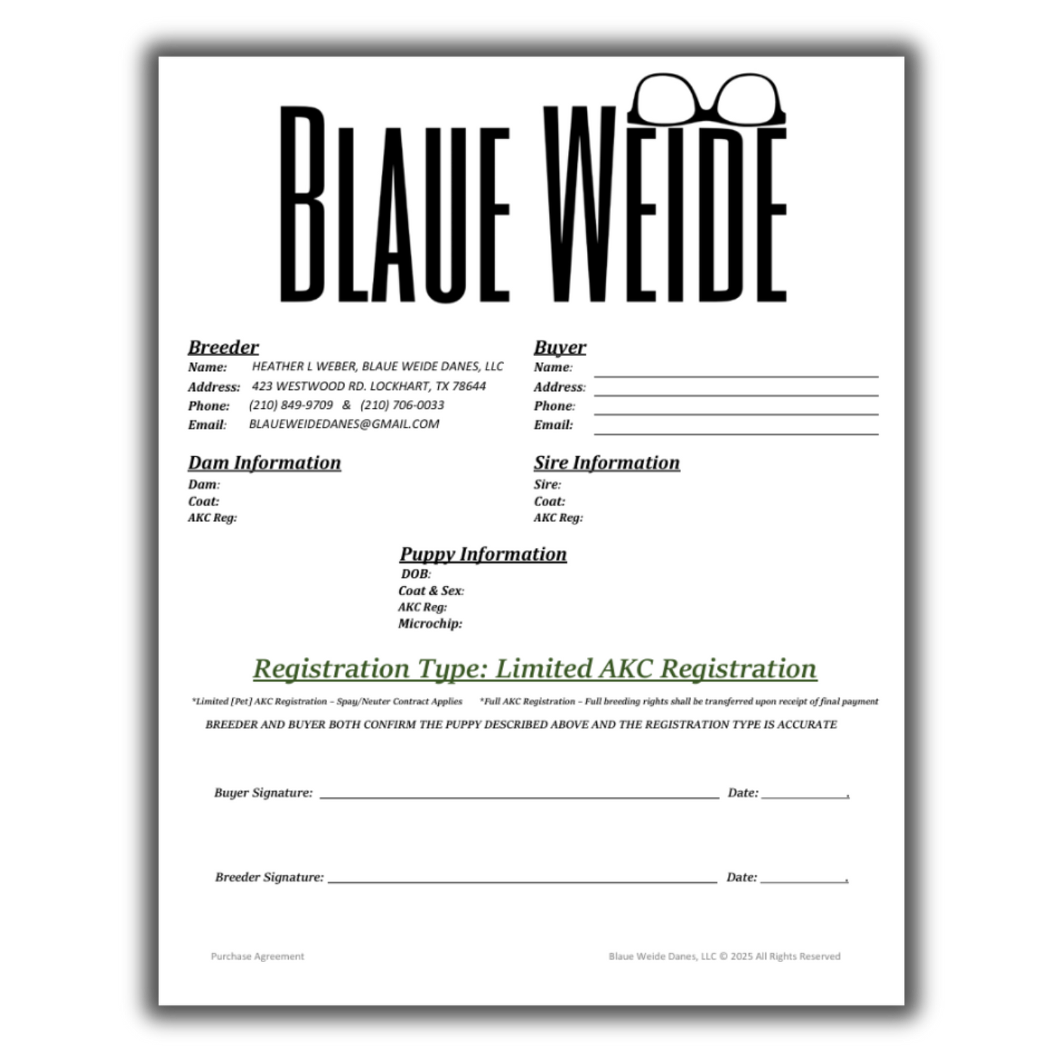 Blaue Weide Great Dane breeder AKC limited registration form with buyer and sire information fields.