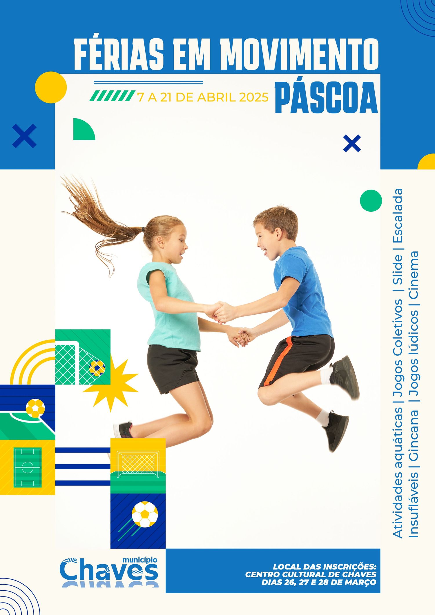 Colorful promotional banner for 'Ferias em Movimento' Easter holiday activities featuring jumping silhouettes.