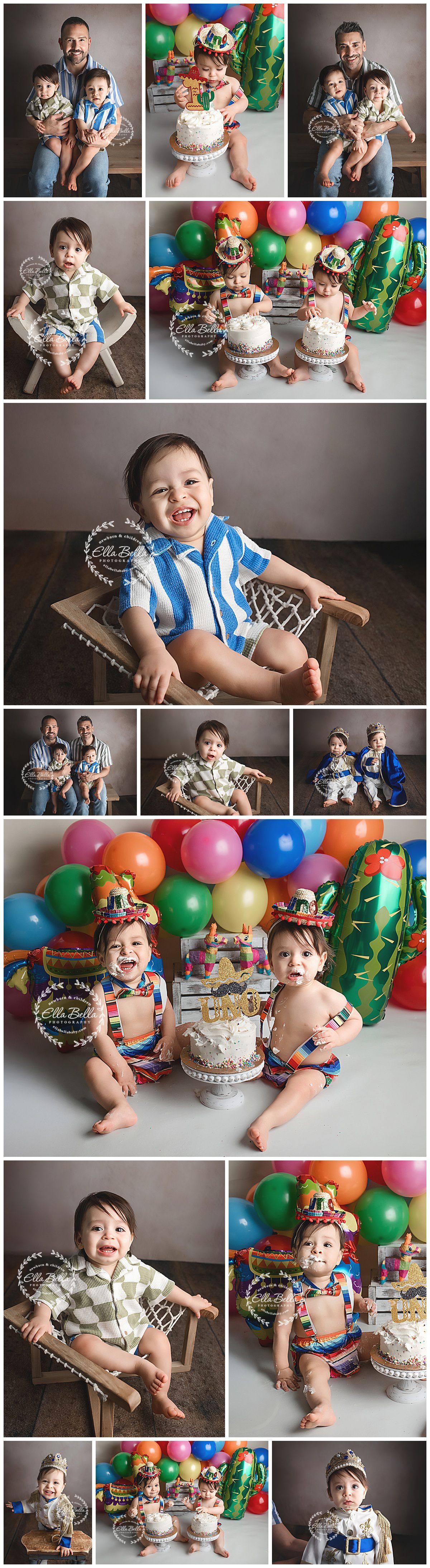 Collection of birthday party photos with festive decorations including balloons, cactus inflatables, and cakes with blue themes.