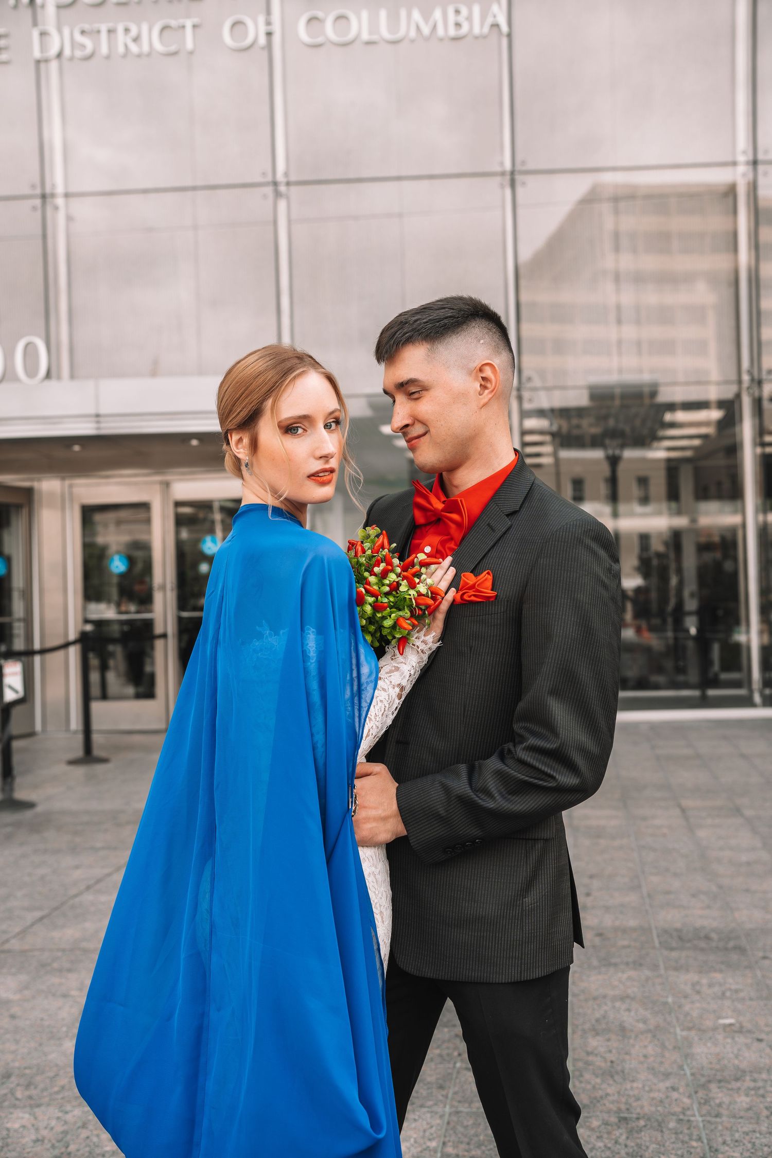 DC courthouse elopement couple outside the District of Columbia Building with bouquet | Washington DC wedding photographer.