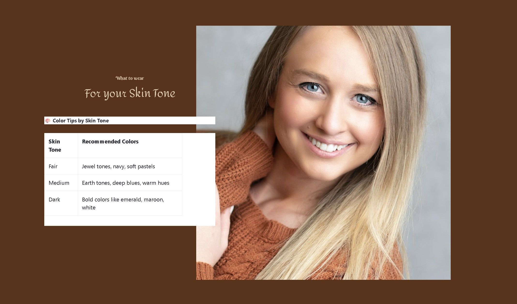A professional headshot photo with blonde hair wearing a brown knit sweater against a brown background.