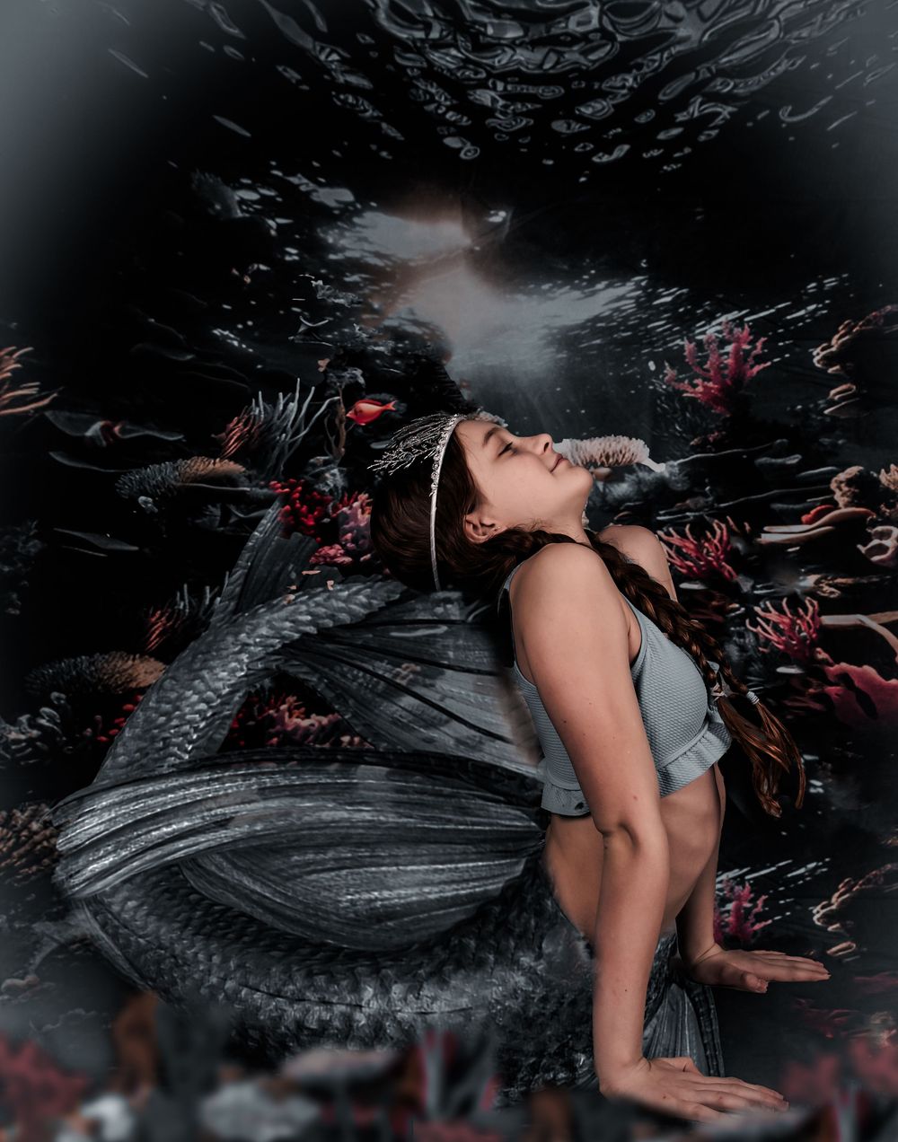 A dark artistic photo series showing a figure in motion against black background with red accents and snake-like patterns.