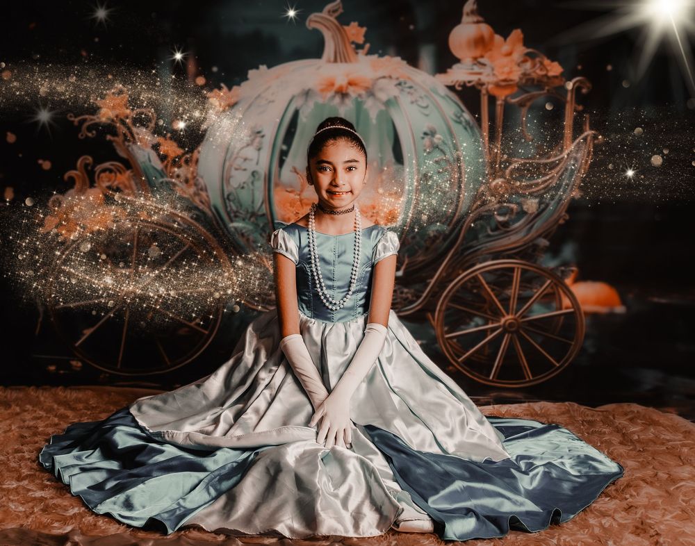 A dreamy autumn-themed photo sequence showing a light blue dress against rustic props and orange pumpkin decorations.