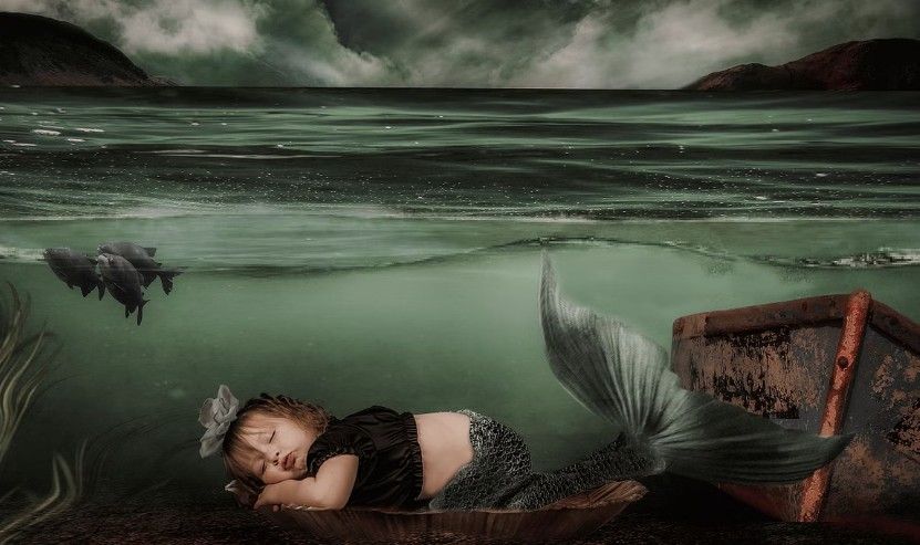 A mystical underwater scene with a mermaid resting near a sunken treasure chest in dark green ethereal waters.