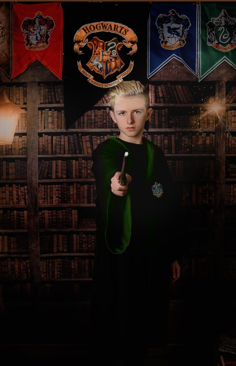 Magical Harry Potter themed collage with library backdrop, house crests, and magical wand imagery.