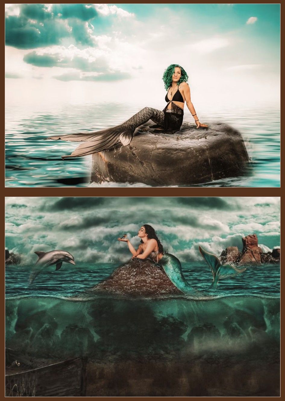A dark mermaid-inspired fantasy photoshoot showing a person reclining on rocks in turquoise waters with dramatic stormy skies.