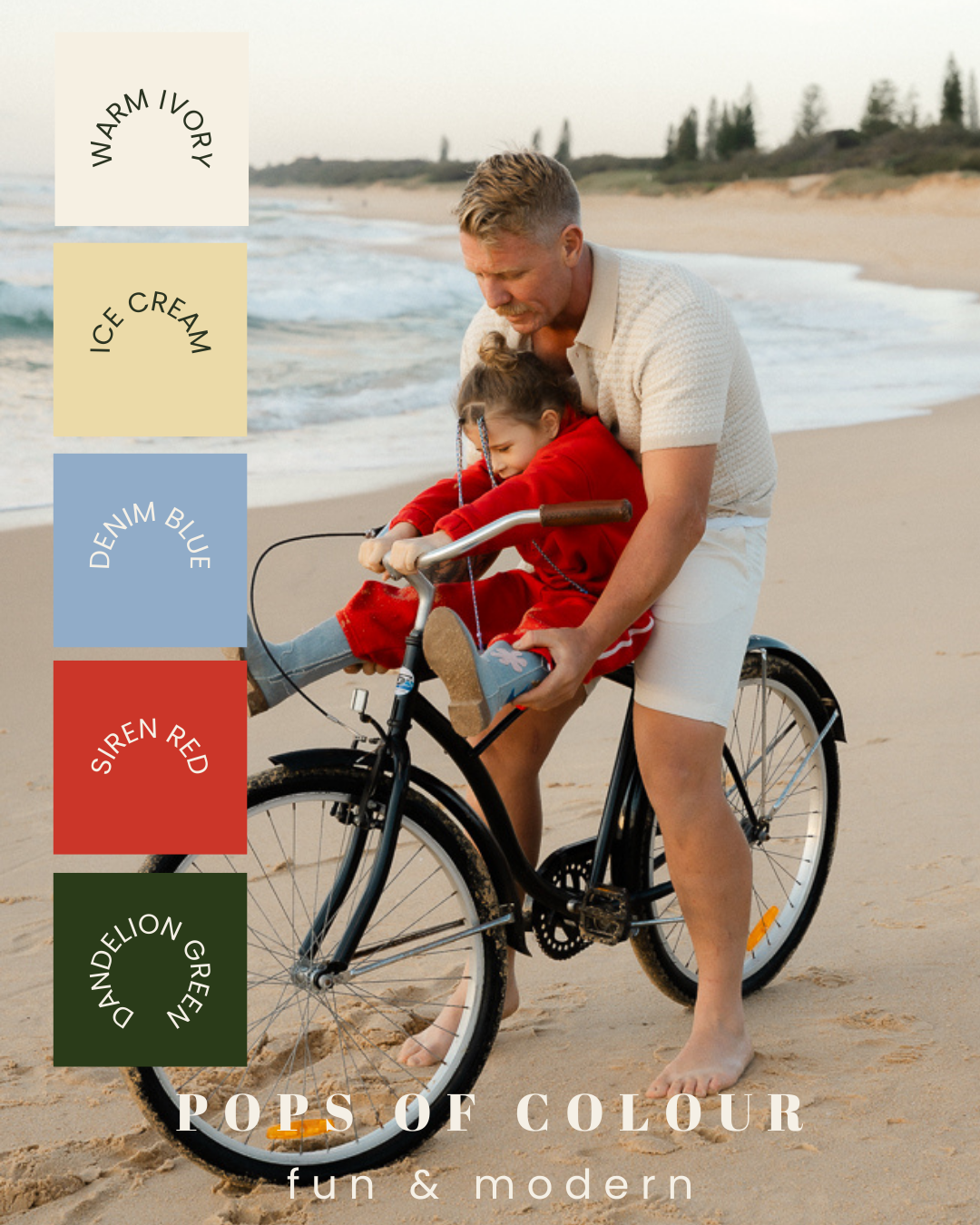 People relax on a sandy beach with a black vintage-style bicycle in a series of lifestyle photos.