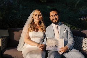 A collection of outdoor wedding photos showing a couple signing documents at a rustic table in natural lighting.