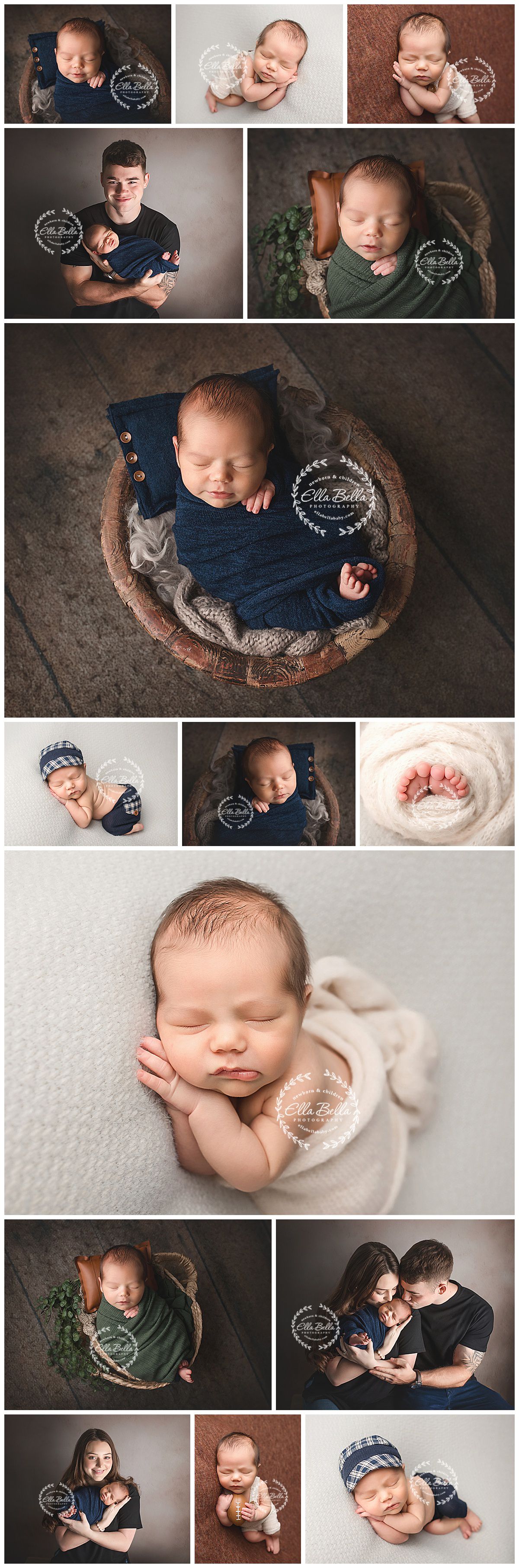 Professional newborn photography collection featuring cozy poses with blue and green wraps in rustic wooden props.